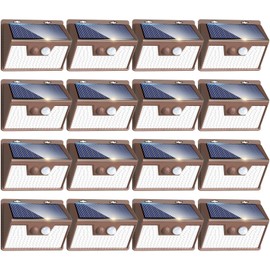 Peasur Brown Solar Lights Outdoor Motion Sensor 16 Pack, Ultra-Bright 3 Mode 140LED Fence Security Light Waterproof, Solar Wall Lighting for Patio Yard Step House Outside Cool White