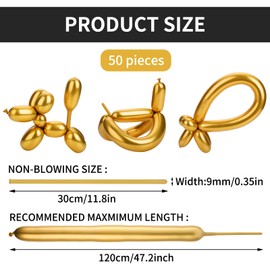 50 Pcs 260 Balloons Long Balloons Metallic Gold Balloons Latex Modeling Twisting Balloons for Birthday Wedding Engagement Anniversary Christmas Festival Party Decoration