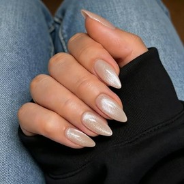 SXVME Uñas postizas acrílicas de estilo ojo de gato color nude, almendra mediana - 30 unidades, uñas postizas de aguja, ajuste natural, uñas de gel op