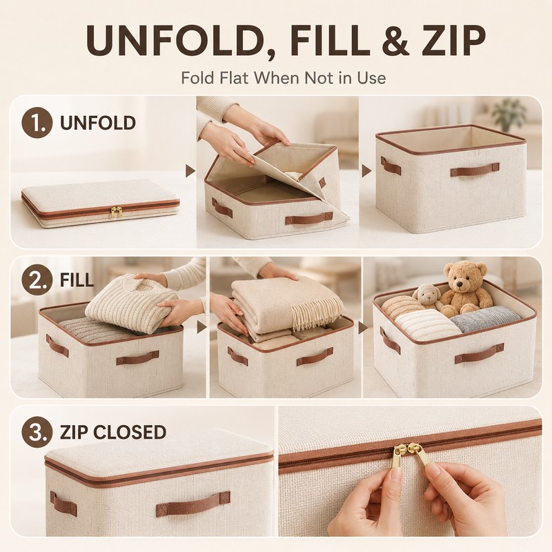 8L Cotton Linen Storage Box with Lid, Foldable Zipper Organizer
