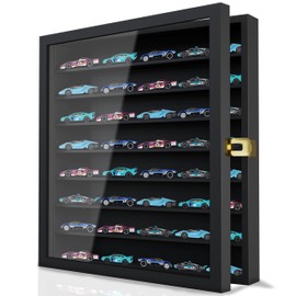 Large Display Case for 1/64 Scale Model Cars, Wall-Mounted or Freestanding Wood Display Cabinet for Hot Wheels, Mini Toys, Minifigures, UV Protection Shadow Box, Display Case, Black