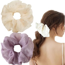 2 Pcs Spring Women's Large Lace Floral Scrunchies for Thin Thick Curly Hair, Strawberry Fruit Love Heart Big Hair Ties Elastic Hair Bands Ponytail Holders for Autumn (6inches organza Lace)