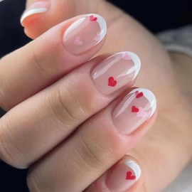 Valentine's Day French Tips Press on Nails Oval Glossy Full Cover Short Oval False Nails with Love Heart Designs Reusable Acrylic Heart Fake Nails with Glue Stick on Fingernails for Women Girls