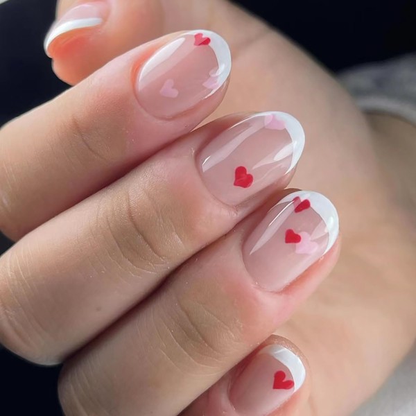 Valentine's Day French Tips Press on Nails Oval Glossy Full