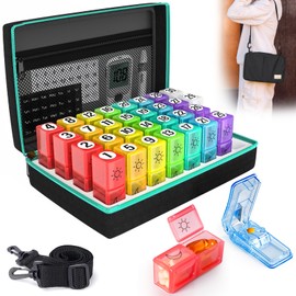 Large Capacity Monthly Pill Box Organiser, 2 Times A Day AM PM Tablet Dosset Box, with Pill Cutter & Reminder Stickers, Portable Pill Case for Medication Vitamins Fish Oil (Rainbow)