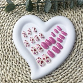 Pink Press on Nails Pointed Almond Short Fake Nails Stick on Nails Valentine's Day Cute Love Heart False Nail with Design Full Cover Nail Tips Almond Acrylic Nails for Women Girlfriend Gift Manicure