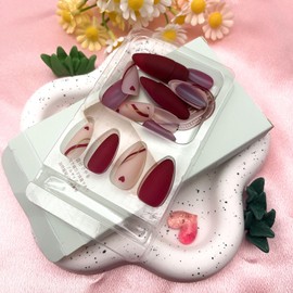 Valentine's Day Nails Red Press on Nails Medium Almond Heart Fake Nails Matte False Nails with Line Design Nude Pink Glue on Nails Glossy Acrylic Nail Full Cover Stick on Nails for Women 24 Pcs