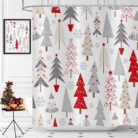 Hnmdmyi Christmas Shower Curtain, 180 x 200 cm, Red, Grey, Beige, Christmas Trees, Stars, Winter, Snowflake, Happy New Year, Holiday, Bath Curtain, Waterproof, Polyester Fabric, Washable Bath Curtain