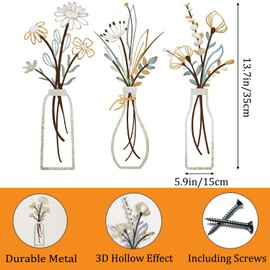 Wonninek 3 Pcs Metal Flowers Wall Arts, Colorful Metal Wall Art Decoration, Minimalist Black Tulip Wire Hanging Iron Decor for Lining Room Bedroom Bathroom Home Patio Balcony Kitchen