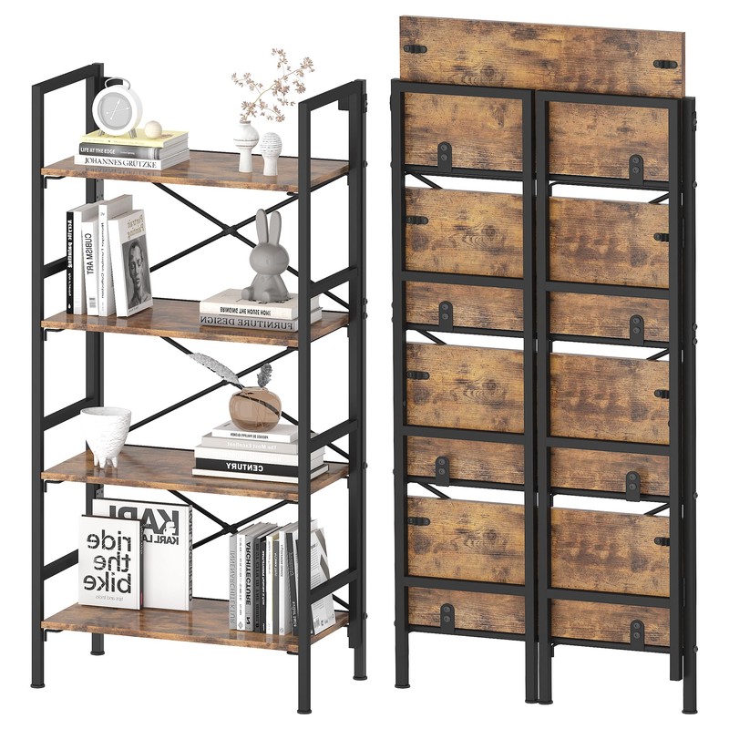Folding Bookshelf,4 Tier Bookcase Foldable Shelf with X-Bracket Design, Adjustable