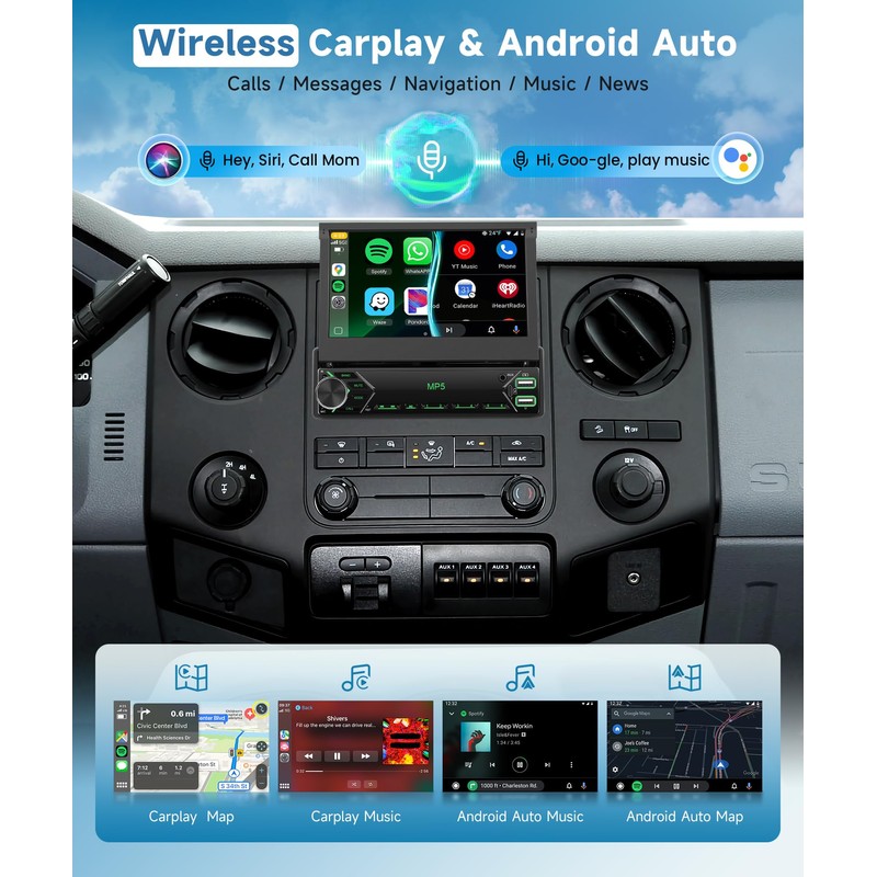 1 DIN CarPlay Car Stereo Flip Out 7-Inch Retractable Touch