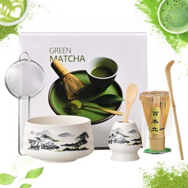 Simsky Matcha set, Japanisches Tee-Set, Matcha-Schale, Schaufel, Sieb, Matcha-Besenhalter, Matcha-Besenständer, Matcha-Tee-Set（Schwarz-Weiß-Landschaft）