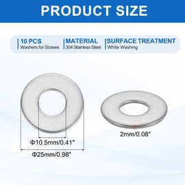 MECCANIXITY 10 Pcs M10 Stainless Steel Flat Washers Round Assortment Parts Spacers Assorted for Screws, Bolts, Plumbing, Automotive, Electrical 10.5mm ID 25mm OD 2mm Thick