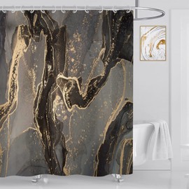 Asdcxz Black Gold Marble Shower Curtain, 180 x 200 cm, Modern Abstract Grey Black Gold Marble Look, Washable Bathroom Shower Curtains for Bathtub, Polyester Textile, Waterproof, with 12 Hooks