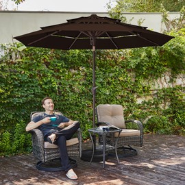 JEAREY 9FT 3 Tiers Patio Umbrella Outdoor Market Umbrella Table Umbrellas Sunbrella with Button Tilt and Crank UV Protection Outside Garden Pool Umbrella,Coffee