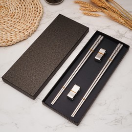 Stainless Steel Chopsticks, Titanium Plated Metal Chopsticks, 9.8" Premium Japanese Korean Color Laser Engraved Cooking Chop Sticks, Dishwasher Safe, Reusable, Anti-slip, Anti-scald, 2 Pairs Gift Set