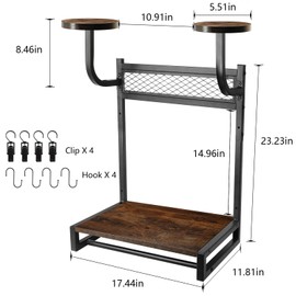 VUAOHIY Motorcycle Helmet Holder Wall Mount with 2 Helmet Rack- Rustic Oak & Steel 120lbs Capacity, 17.4x11.8x31.6 Garage Organizer for Helmets, Jackets, Gloves with 4 Hooks and 4 Clips