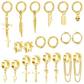 Drperfect 26Pcs Clip On Earrings for Men Stainless Steel Non Pierced Cross Chain Lightning Feather Spike Skull Dangle Huggie Hoop Fake Earrings Set Black Silver Gold Tone3