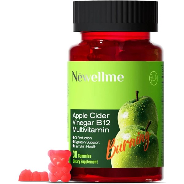 Newellme Apple Cider Vinegar Gummies, Vegan, B12 Multivitamin, 30 Gummies