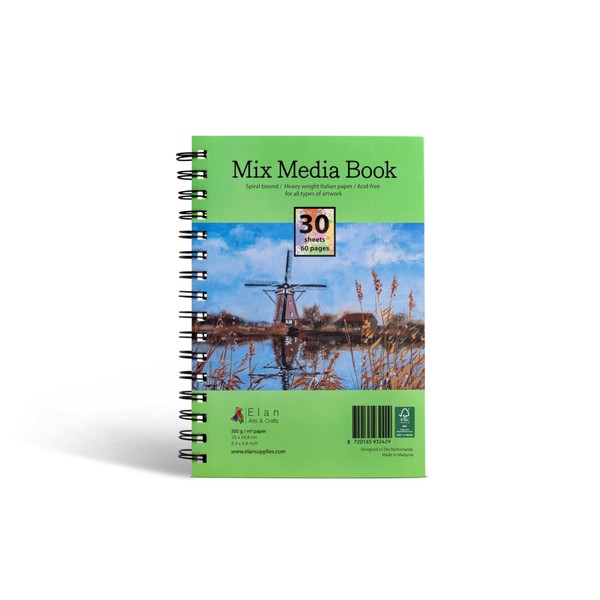 Elan Mixed Media Book A5, 30 Sheets Italian 250gsm Paper, Multi-Purpose Art Pad A5, Acid-Free Paper Art Books, Heavy Paper Mixed Media Sketchbook, Mixed Media Paper, Art Sketchbook A5 for Drawing
