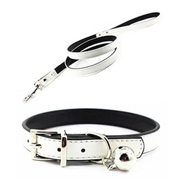 JIngwy Metal Buckle Pet Collar and Leash Set with Bell Suit for Cats or Puppy Dogs White/Black/Red/Pink/Blue/Brown (M (Collar + Leash), White)