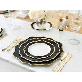 " OCCASIONS " 240 Plates Pack, Heavyweight Disposable Wedding Party Plastic Plates (8'' Appetizer/Dessert Plate, Imperial in White Black & Gold)