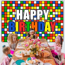 Colorful Cube Birthday Party Backdrop Banner Puzzle Game Themed Wall Decoration Colorful Plaid Block Backdrop for Boys Girls Birthday Party Photo Photography Prop Booth Background 70.9x47.2in-BECKTEN