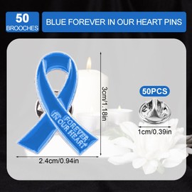 WANDIC 50 Pcs Blue Ribbon Metal Pins, Memorial Ribbon Alloy Brooches in Forever in Our Hearts for Funeral Mourning Event Bereavement Remembrance