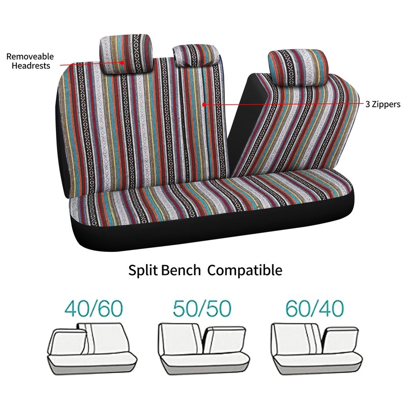 VarCozy Baja SaddleBlanketSeatCoversFullSet, Front SeatCovers and Split RearBenchSeatCoversforSedan, SUV,Truck,Universal Stripe