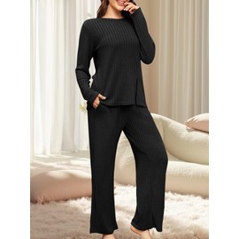 Phophila Women 2 Piece Lounge Pajamas Sets Casual Ribbed Knit Long Sleeve Top Pants Matching Set 2025 Fall Outfits Clothes Black L