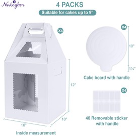 Naleyber Tall Cake Boxes for Tier Cakes with Cake Boards 4 Pack 10x10x12 Inch Large Tiered Cake Carrier Containers with Window for Wedding Birthday Bakery