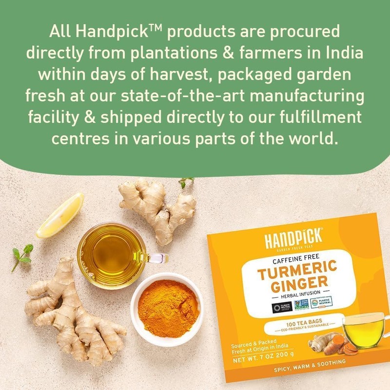 HANDPICK, Turmeric Ginger Tea Bags (100 Herbal Tea Bags) Caffeine