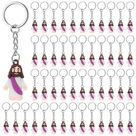 Sumind 48 Pcs Jesus Toys Figurine Christian Keychain Jesus Doll Religious Keychain Bulk Classic Christian Rings for Christ(Purple,White Skin Classic)
