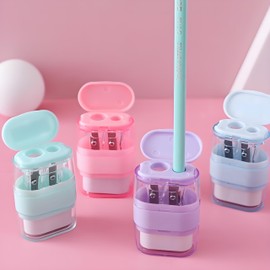 Waremew 1PCS Manual Pencil Sharpener with Eraser, 2 Sharpening Holes Sharpener with Eraser for School, Office and Home Supplies (Green)