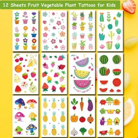 Hohamn Fruit Vegetable Plant Temporary Tattoos for Kids - 100+ Cartoon Fruit Vegetable Plant Summer Tattoos for Girls Boys Birthday Party Supplies Favors