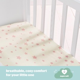 Silentnight Safe Nights Crib Size Fitted Sheets Set 100 Pour cent Jersey Cotton Bedside Compatible Pack of Two Pink Star Easy Care Super Soft Cuddly for Baby with Storage Bag (40 cm x 90 cm x 11 cm)