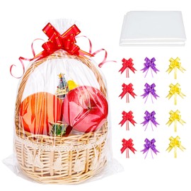 Gift Wrap Clear Cellophane Bags Large, 10 Pack Extra Large Clear Gift Wrap for Hampers, Clear Plastic Bags with 10 Bows, Cellophane Bags for Holiday Gifts