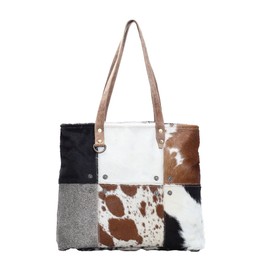 Myra Bag Patches Cowhide Tote Bag S-1163, Brown, One Size