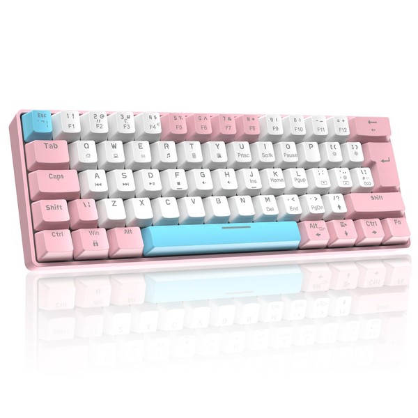 UK Layout 60% Percent Gaming Mechanical Keyboard, 62-Key Ultra-Compact Blue Switches Wired Office Mixed-Colored Keyboard with ABS keycaps, 19 RGB Backlight Modes for Computer/Laptop-Pink White