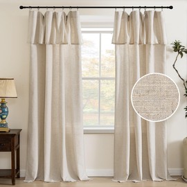 PrinceDeco Rich Linen Living Room Curtains Light Filtering 95 inch Privacy Curtains with Attached Valance Ring and Rod Pocket Farmhouse Drapes for Bedroom 2 Panel Sets, W52 x L95 Inch, Linen
