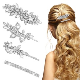 Esitrormi 4Pcs Rhinestone Hair Clips Bobby Diamond Pins Bridal Hair Pins Decorative Silver Flower Hair Clips for Women Hair Barrettes for Women Thick Hair Wedding Hair Accessorie