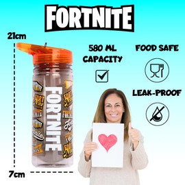 Fortnite Water Bottle with Straw, 580 ml, 100% Leak-Proof, Durable, School Water Bottle, Strong Plastic and BPA Free, Purple