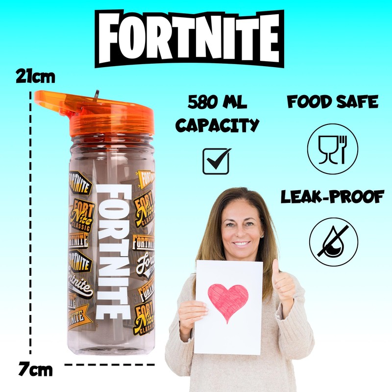 Fortnite Water Bottle with Straw, 580 ml, 100% Leak-Proof, Durable,