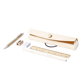 Makio Natural Line Pencil Case Made of Wood with Elastic Band 5 Accessories Included (Ballpoint Pen, Pencil, Ruler, Sharpener and Rubber), wood, School bags