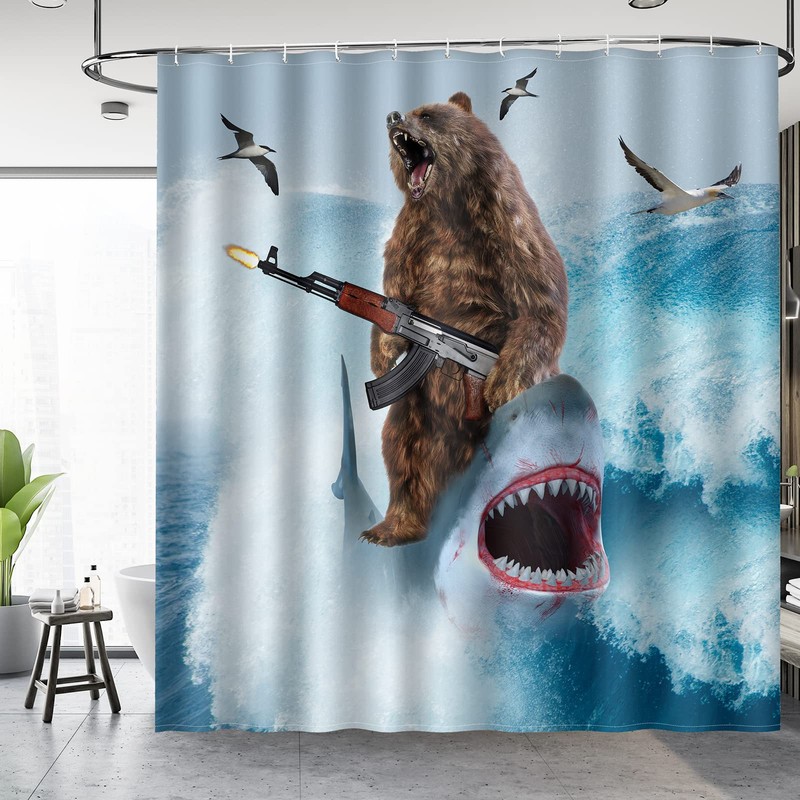 Aimego Funny Shower Curtains Shark Bear Shower Curtain Set with