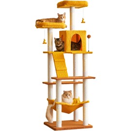 MWPO Cat Tree, 70.1-Inch Tall Cat Tower for Indoor Cats Large Adult, Multi-Level Cat Condo with 5 Scratching Posts, 2 Padded Perches, Hammock, Dangling Toys, Yellow