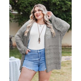 IN'VOLAND Women's Plus Size Lightweight Crochet Cardigan Long Sleeve Open Front Knit Oversized Boho Sweaters Kimonos 22W Grey