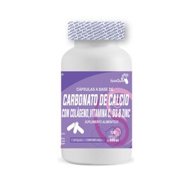 IsaaQuim Carbonato de Calcio con Colágeno, Vitamina C, D3 y Zinc | 120 Cápsulas de 600 mg | 30 Porciones de 4 Cápsulas | Aporta 800 mg de Calcio, 320 mg de Colágeno, 60 mg de Vitamina C, 10 mcg de D3 y 20 mg de Zinc por porción