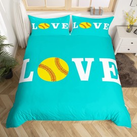 Softball Bedding Set for Softball Lover Ball Sports Theme Comforter Cover Set Girls Women Bright Teal Yellow Room Decorative Duvet Cover Girly Bedspread Cover Twin Size 2Pcs Bedclothes
