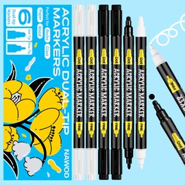 6 White and Black Acrylic Paint Pens, Dual Tip Acrylic Paint Markers (Fine 1mm + Dot 5mm), Acrylic Permanent Markers for Rock, Fabric, Canvas, Glass, Wood, Paper,DIY, Paint Markers for Kids and Adults